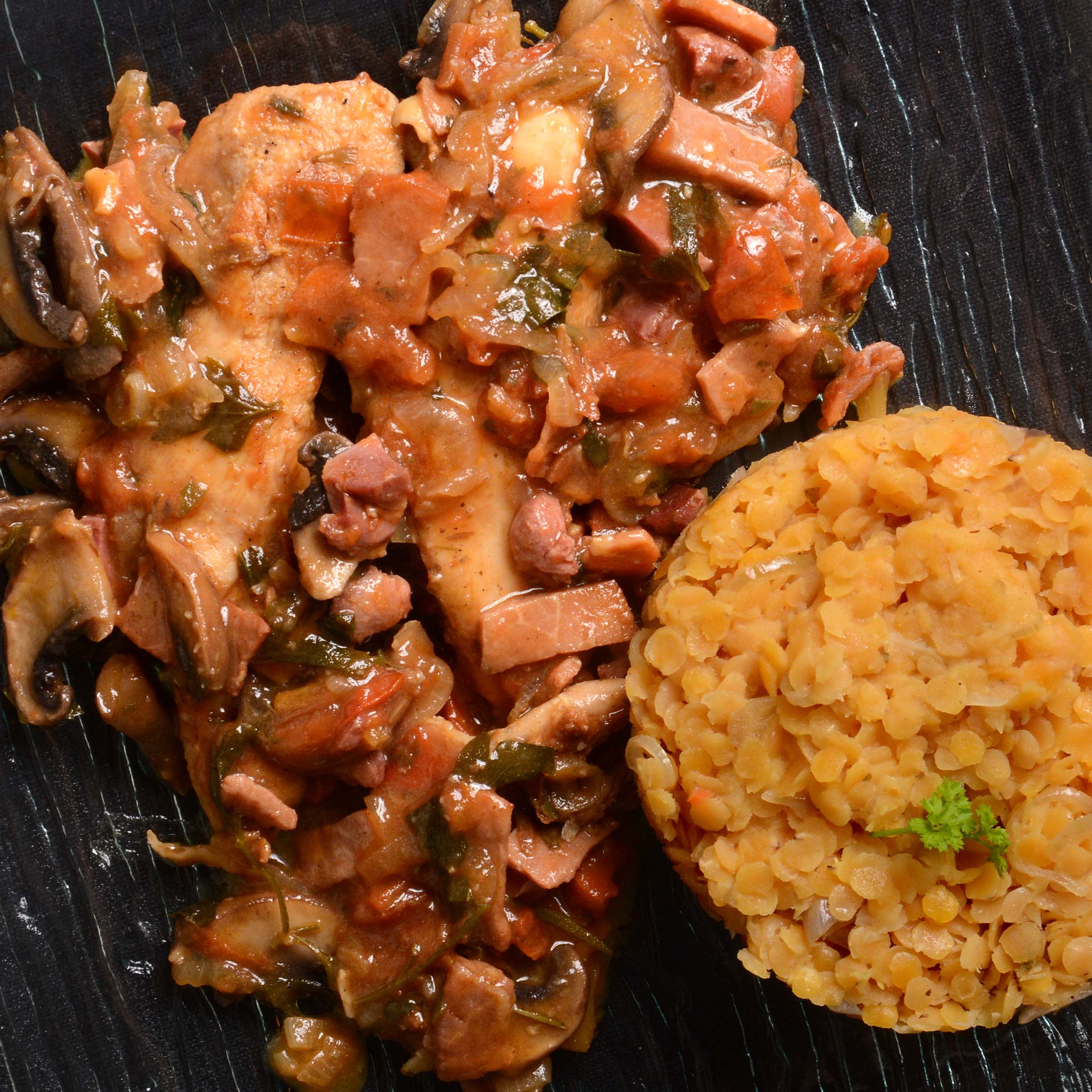 Menu bio-Poulet et lentilles corail
